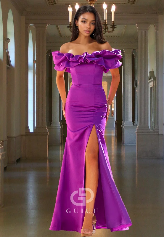 Orchid Sheath Off-Shoulder Cap Sleeves Prom Dress with Slit Ruched Evening Party Dress