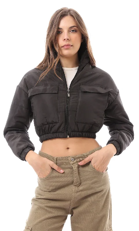 O170758 Trendy Black Cropped Puffer Jacket With Patched Pockets