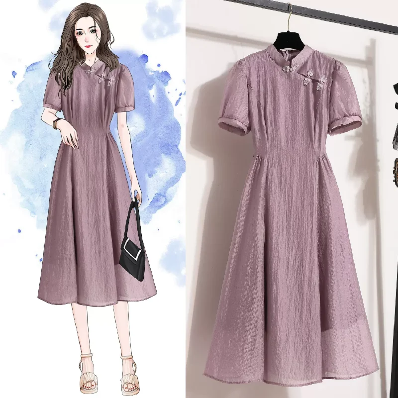 (M-4XL) Plus Size Lavender Purple Organza Qipao Dress