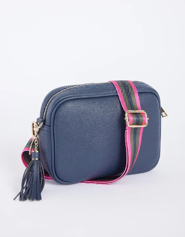 Zoe Crossbody Bag - Navy with Khaki/Hot Pink Stripe