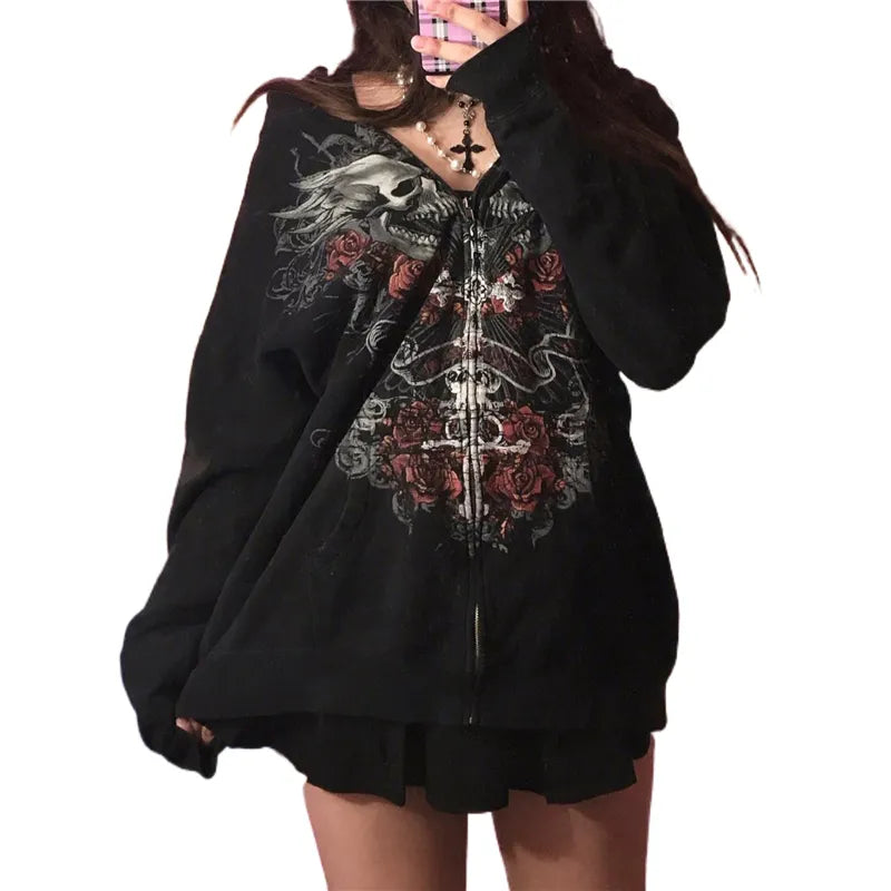 Sweatshirt Women Fairy Grunge Skull Print Long Sleeve Hooded Tops Coats