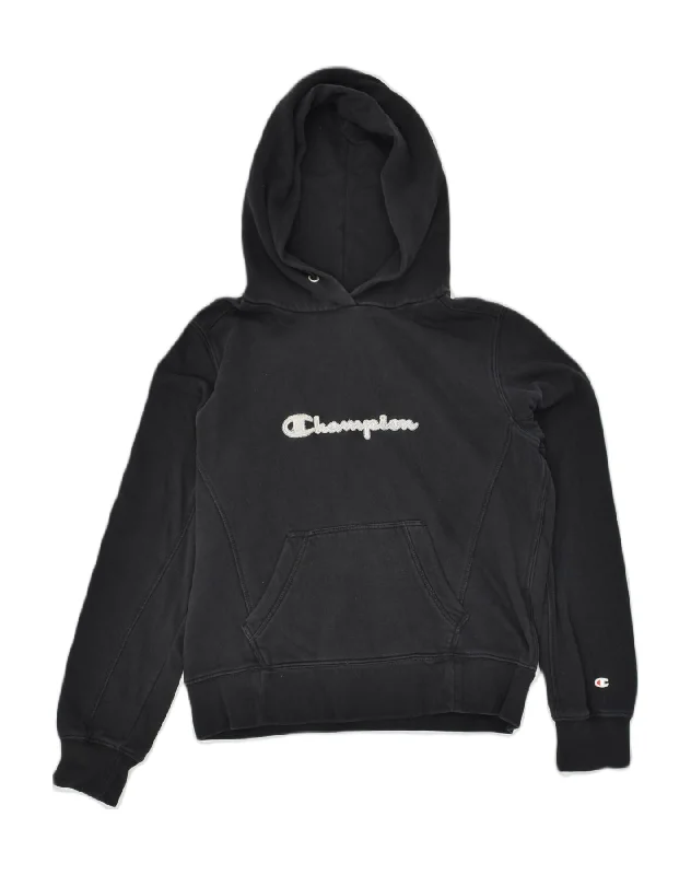 CHAMPION Womens Graphic Hoodie Jumper UK 12 Medium Black Cotton