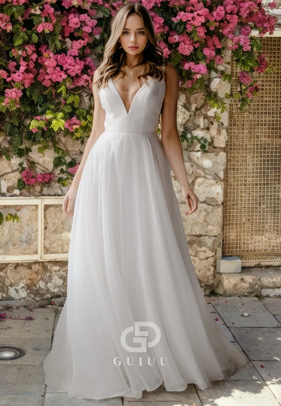 A-Line V Neck Straps Sleeveless Open Back Wedding Dress with Bow Knot