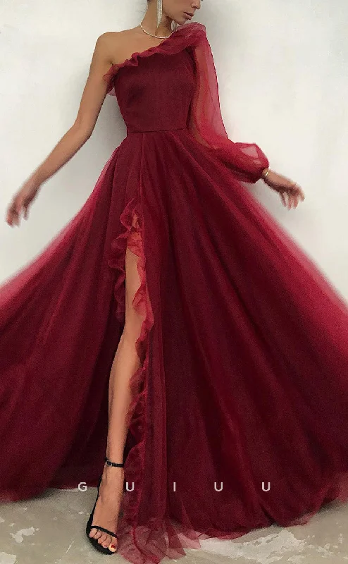 G2625 - Classic A-Line One Shoulder Red Tulle Prom Evening Party Dress With Ruffles