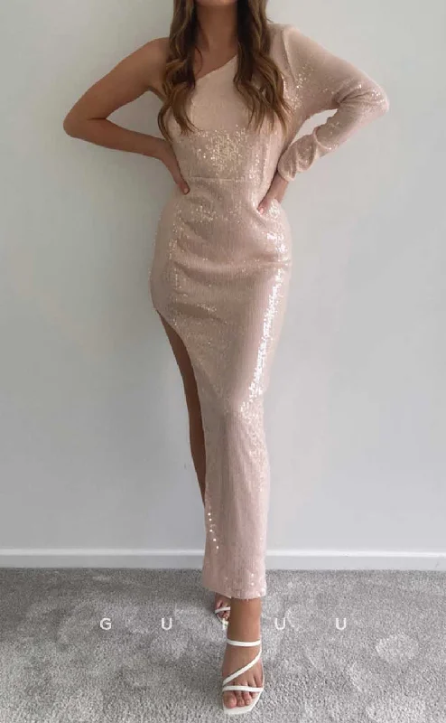 G3952 - Chic & Modern Sheath One Shoulder Fully Sequined Ankle-Length Formal Party Prom Dress with Long Sleeves and High Side Slit