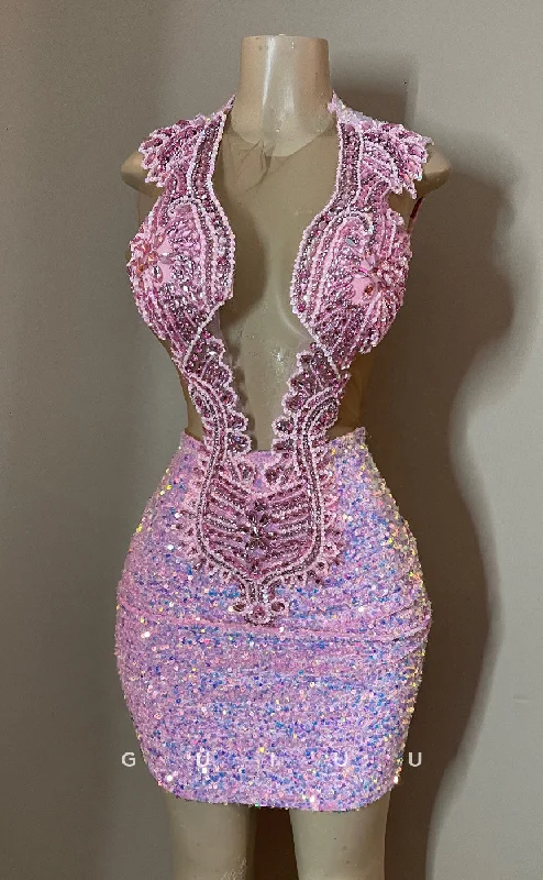 GH715 - Sexy & Hot Deep V-Neck Beaded Sequins Short Homecoming Dresses