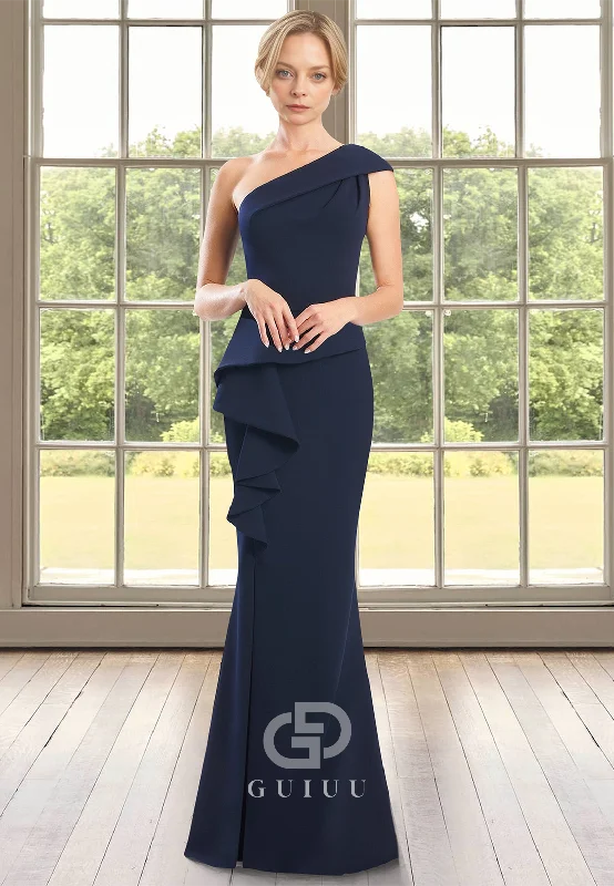 Sheath One Shoulder Sleeveless Empire-Waist Floor-Length Satin Mother of the Bride Dress