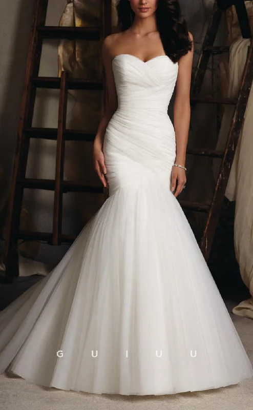 GW795 - Classic & Timeless Trumpet Sweetheart Draped Boho Wedding Dress with Sweep Train