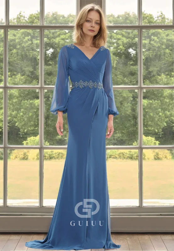 Simple A-Line Long Sleeves V-Neck Empire-Waist Floor-Length Chiffon Mother of the Bride Dress