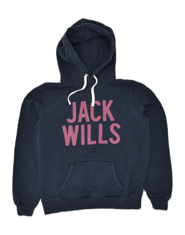 JACK WILLS Womens Graphic Hoodie Jumper UK 14 Large Navy Blue Cotton