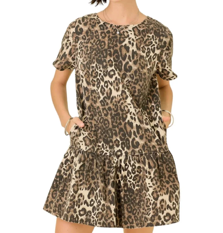 Denim Drop Waist Mini Dress In Tan Leopard