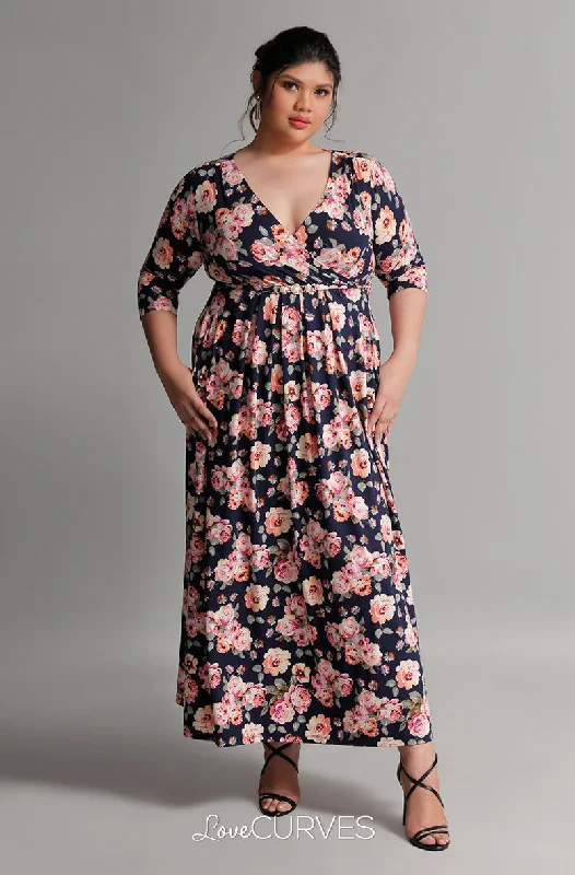 Pleated Wrap Maxi Dress with Charm Belt - Navy Bouquet