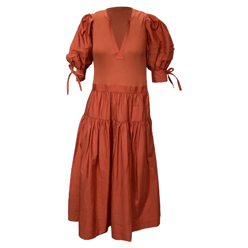 Ulla Johnson Cintia Midi V-Neck Shirred Dress in Rust Orange Cotton