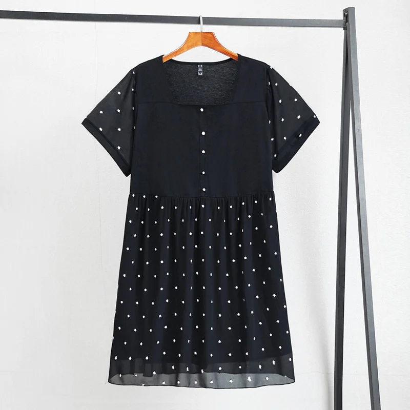 (4XL-10XL) Plus Size Black Chiffon Short Sleeve Dress (EXTRA BIG SIZE)