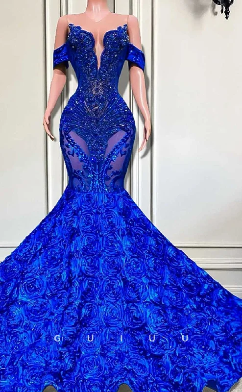 G4599 - Unique & Modern Mermaid Off-Shoulder V Neck Appliques Sequined and Flowers Formal Prom Gown with Train