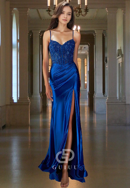 Royal Blue Spaghetti Straps Sweetheart Prom Dress with Sequins Slit Ruched Evening Party Dress