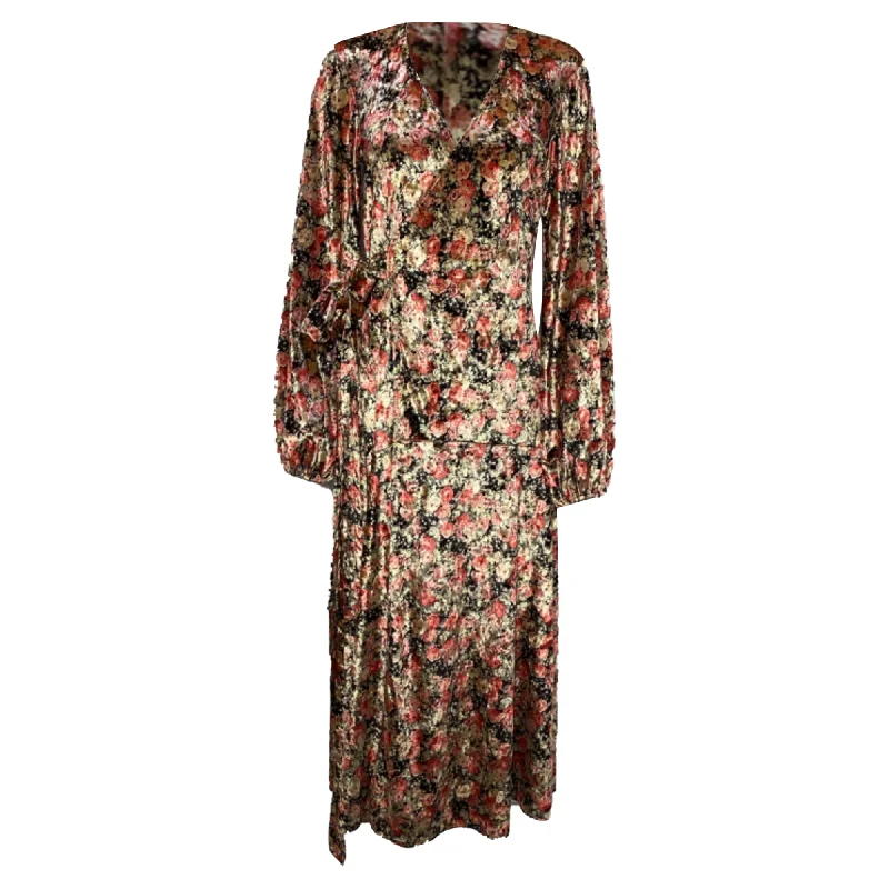 Rotate Birger Christensen Beatrix Floral Print Midi Wrap Dress in Multicolor Velvet