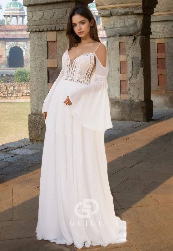 Simple Off-Shoulder Long Sleeves Backless Empire-Waist Beach Wedding Dress