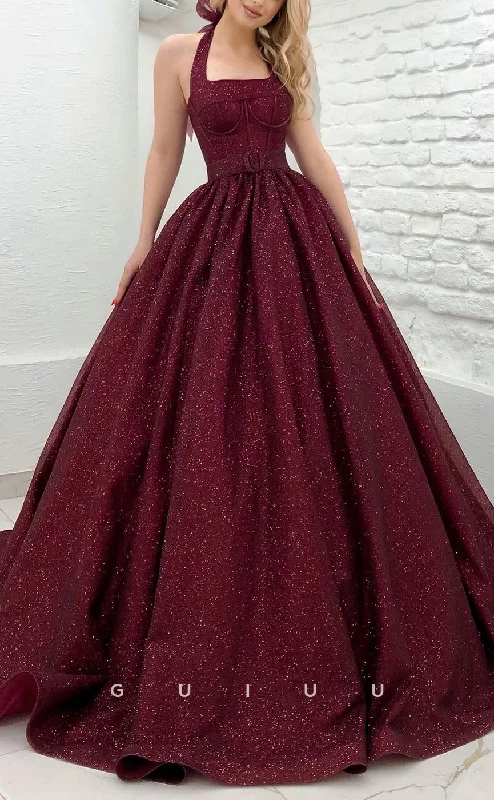 G2854 - Classic & Timeless Glitter A-Line Halter Burgundy Long Prom Evening Dress