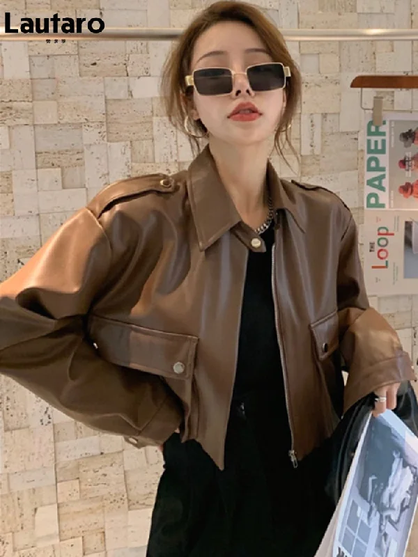 Spring Short Brown Casual Faux Leather Jackets for Women