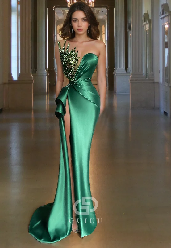 G2572 - Chic & Modern Beaded Strapless Ruched Long Prom Evening Dresses With Slit