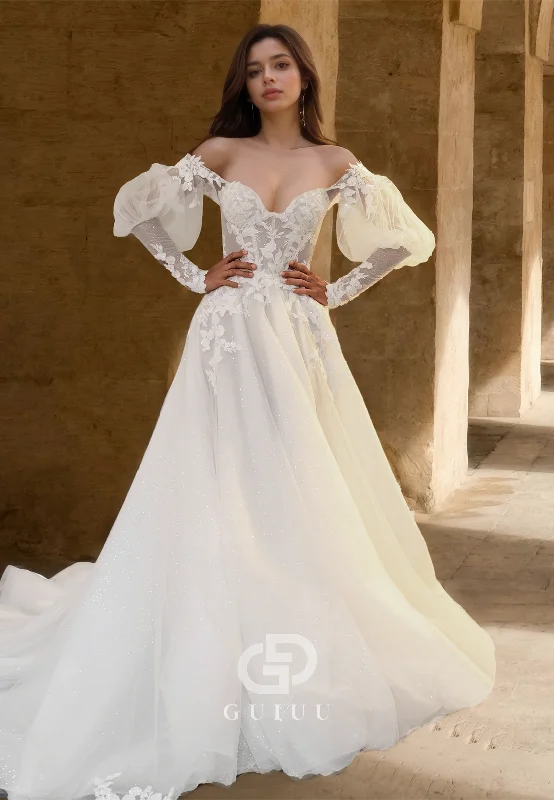 A-Line Off-Shoulder Long Sleeves Floral Appliques Tulle Lace Wedding Dress