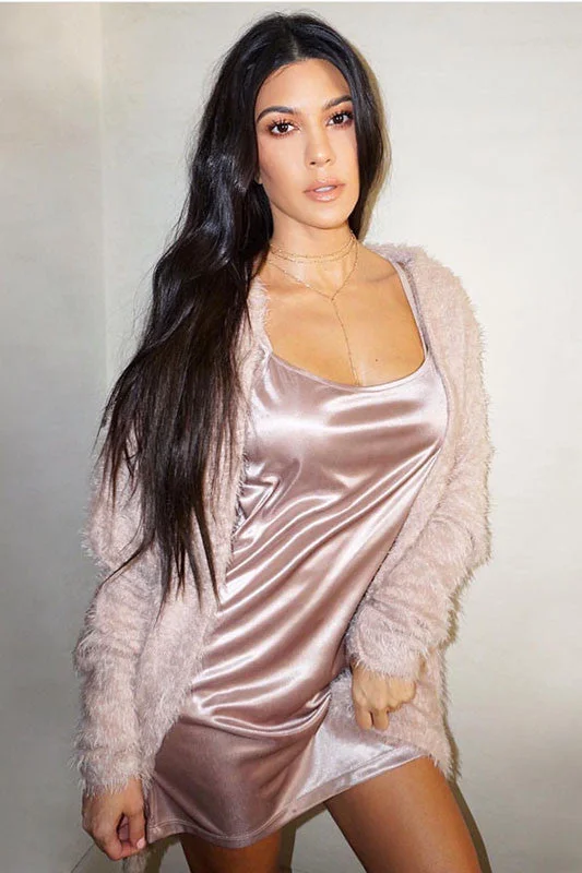 THE MYSTYLEMODE TAUPE SATIN MINI DRESS