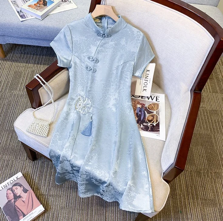 Plus Size Blue Silky Short Sleeve Qipao Dress