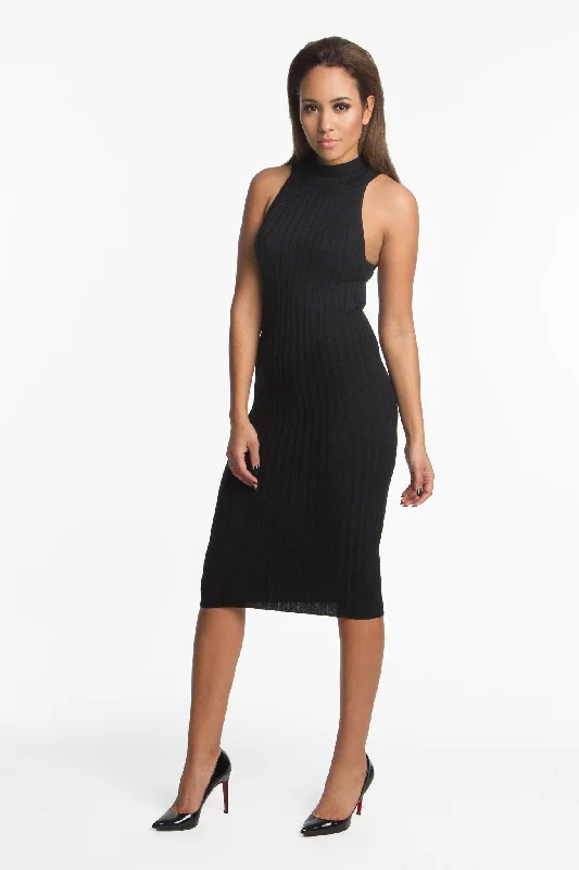 THE MYSTYLEMODE BLACK SLEEVELESS RIBBED TURTLENECK BODYCON DRESS