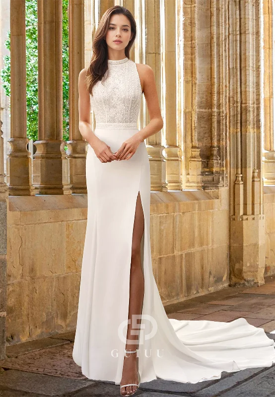 Halter Sleeveless Appliques Side Slit Sheath Beach Wedding Dress