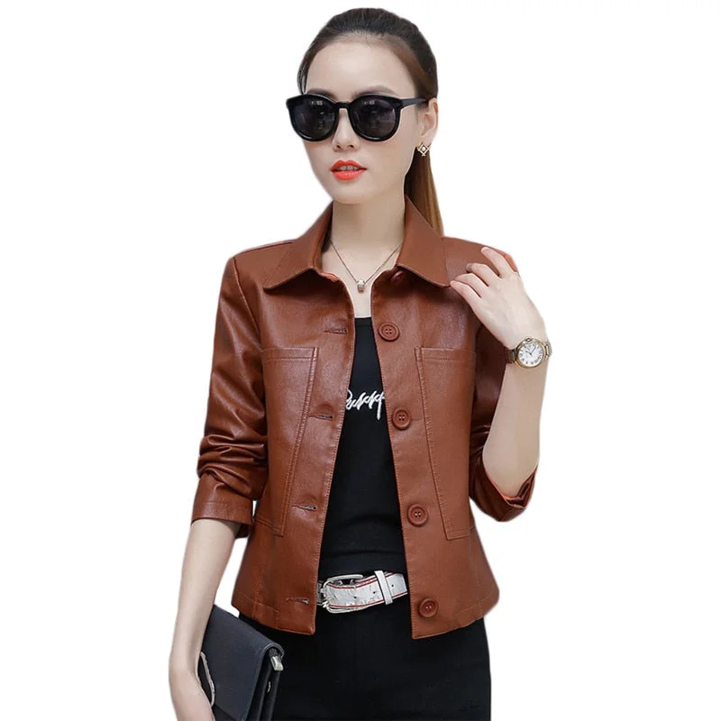 Leather Jacket Women Caramel Short Slim PU Coat