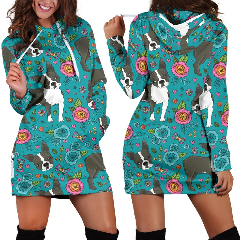 Boston Terrier Beautiful Flower Pattern Women'S Hoodie Dress