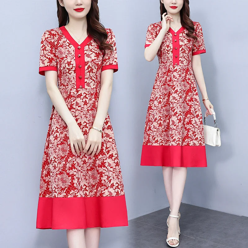 Plus Size Red Buttons V Neck Floral Dress