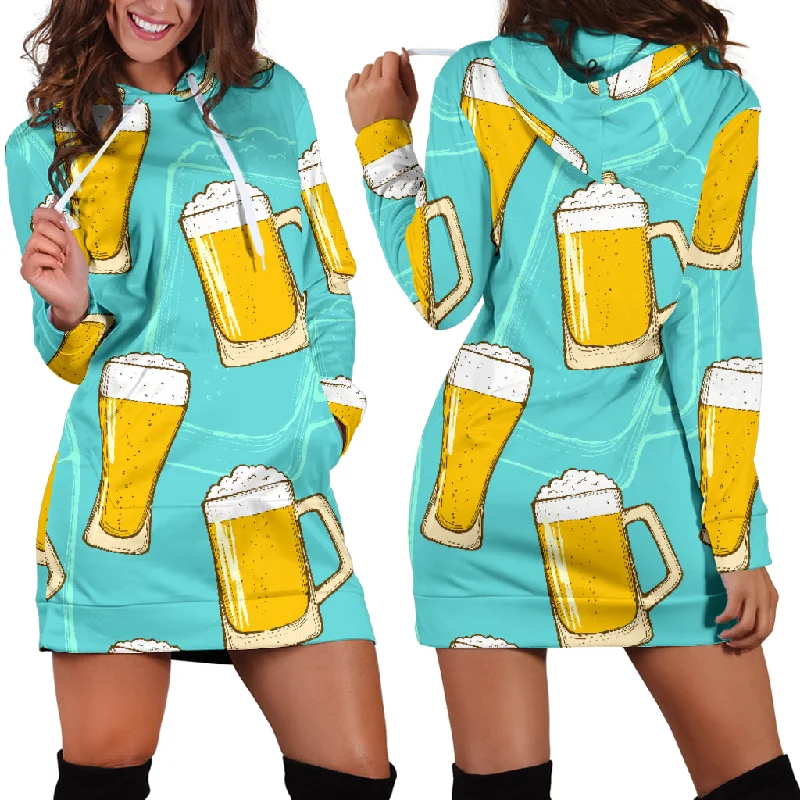 Beer Pattern Green Background Women'S Hoodie Dress