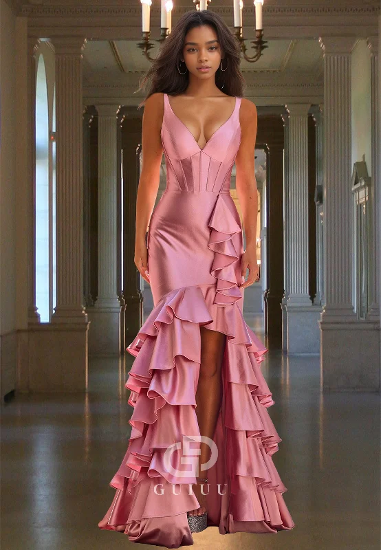 Flamingo Spaghetti Straps V-Neck Prom Dress with Slit Ruffles Evening Party Dress