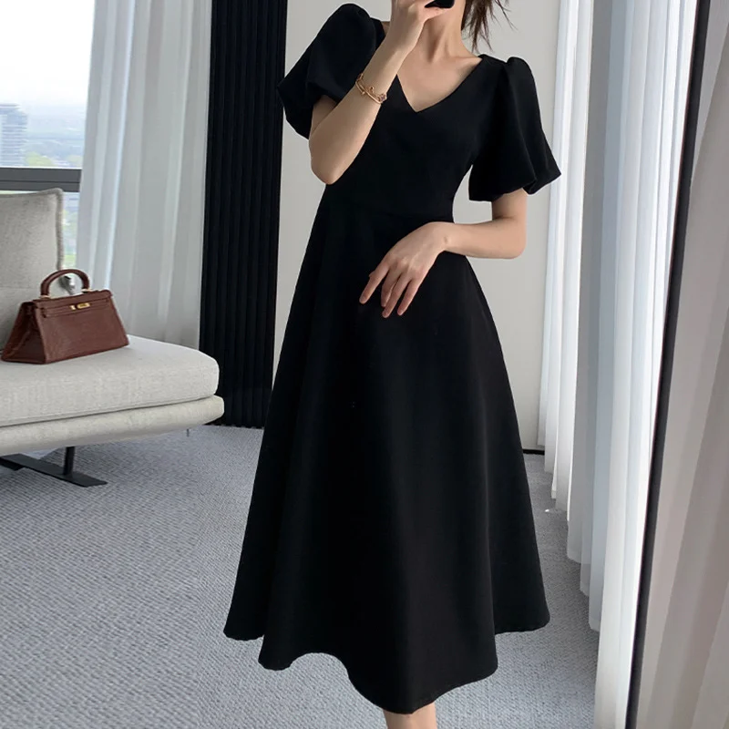 Plus Size Korean Puff Sleeve V Neck Swing Dress