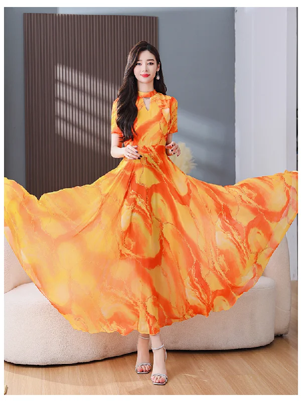 Plus Size Marble Orange Chiffon Circle Dress