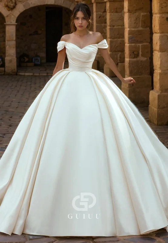 Elegant A-Line Off Shoulder Sleeveless Pleated Satin Wedding Dress