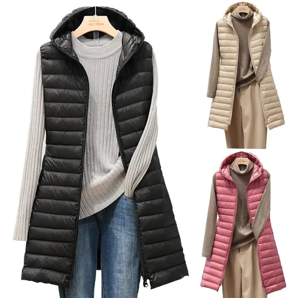 female autumn and winter medium long hooded light down padded jacket waistcoat