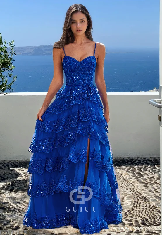 Royal Blue A-Line Spaghetti Straps Prom Dress with Ruffles Slit Evening Party Dress