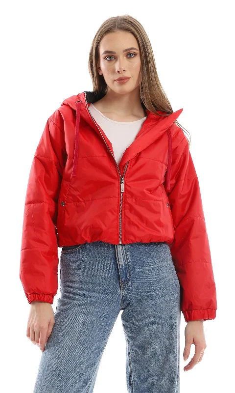 O156252 Hooded Bomber Jacket With Front Zipper - Red