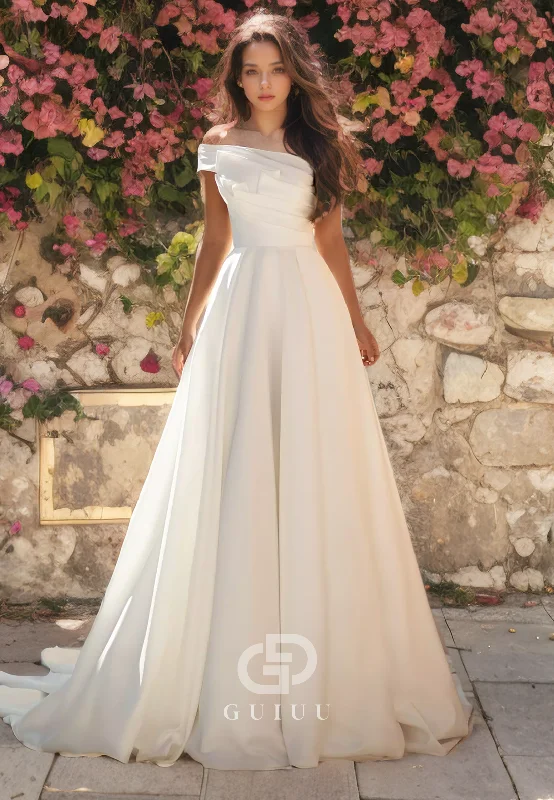 A-Line One Shoulder Sleeveless Pleated Satin Wedding Dress