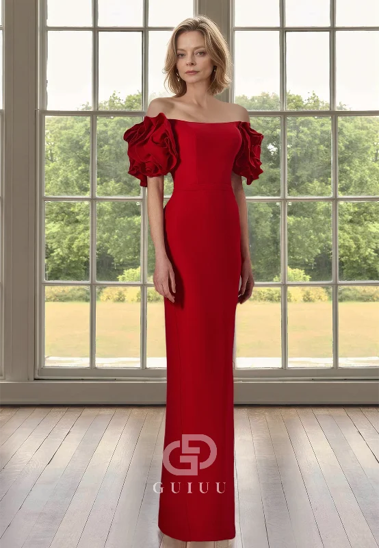 Red Sheath Off-Shoulder Short Sleeves Slit Satin Mother of the Bride Dress