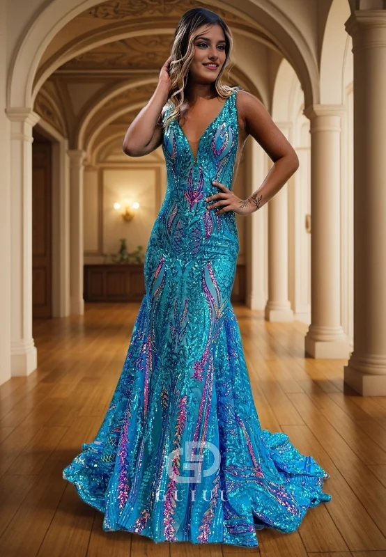 G2329 - Sexy/Hot Lace V-Neck Sequins Prom Dress Sweep Train Formal Open Back Evening Dress