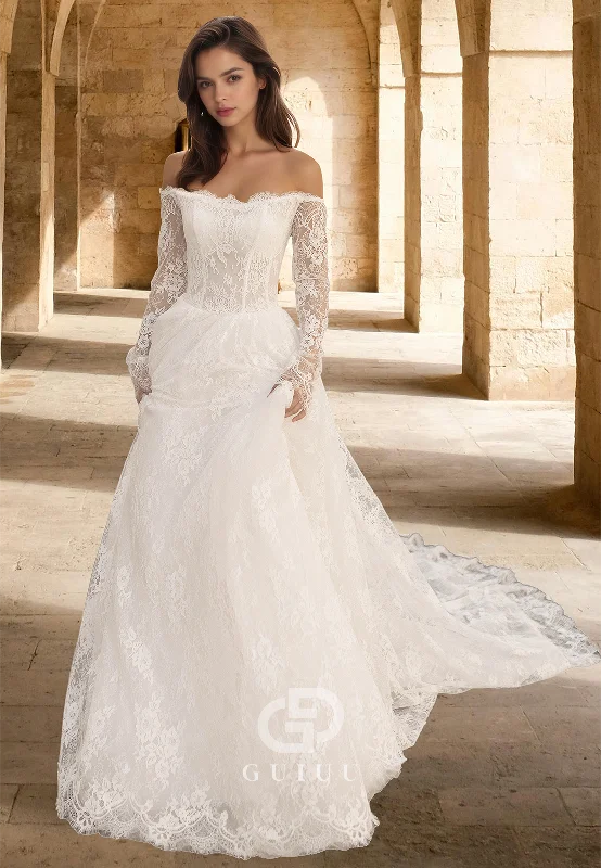 Long Sleeves Off-Shoulder Floral Appliques A-Line Court Train Lace Wedding Dress