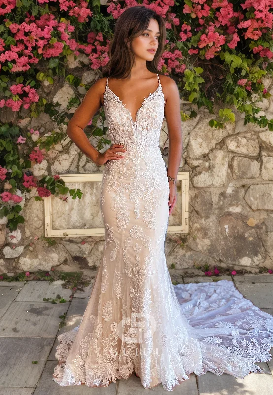 Mermaid V Neck Straps Sleeveless Fully Lace Boho Wedding Dress with Train