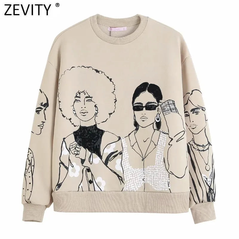 Women Fashion Beauty Girls Print Casual Sweatshirts Female Basic O Neck Knitted Hoodies