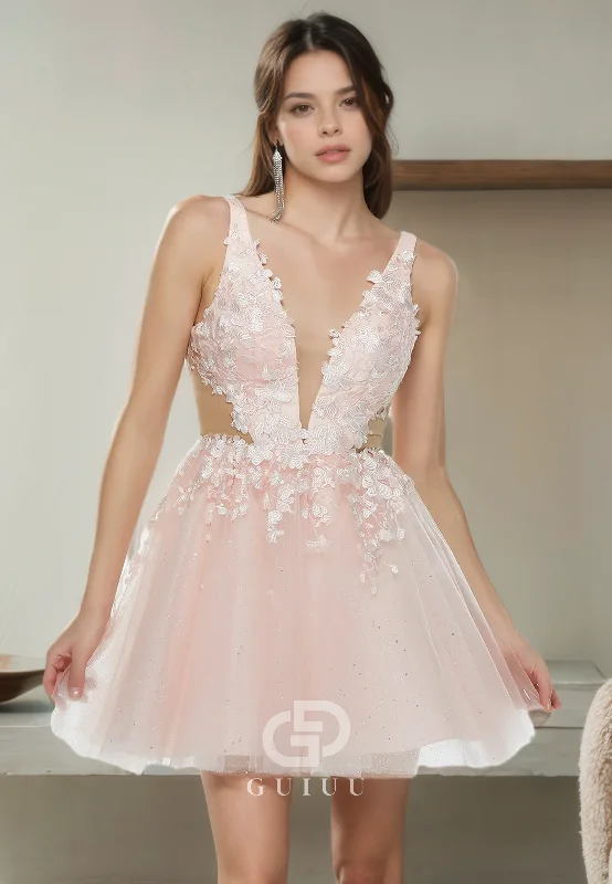 A-Line V Neck Straps Sleeveless Appliques Tulle Open Back Homecoming Dress