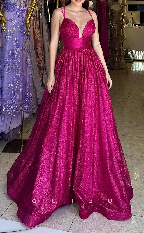 G2767 - A-Line Glitter V-Neck Spaghetti Straps Long Prom Evening Dress