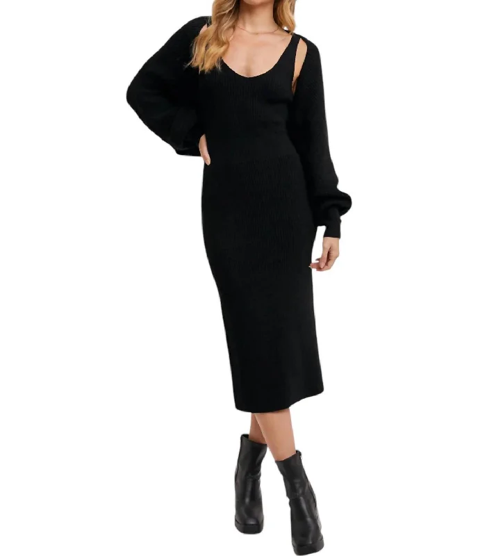 V-Neck Knit Midi Dress And Knit Shrug Set In Black